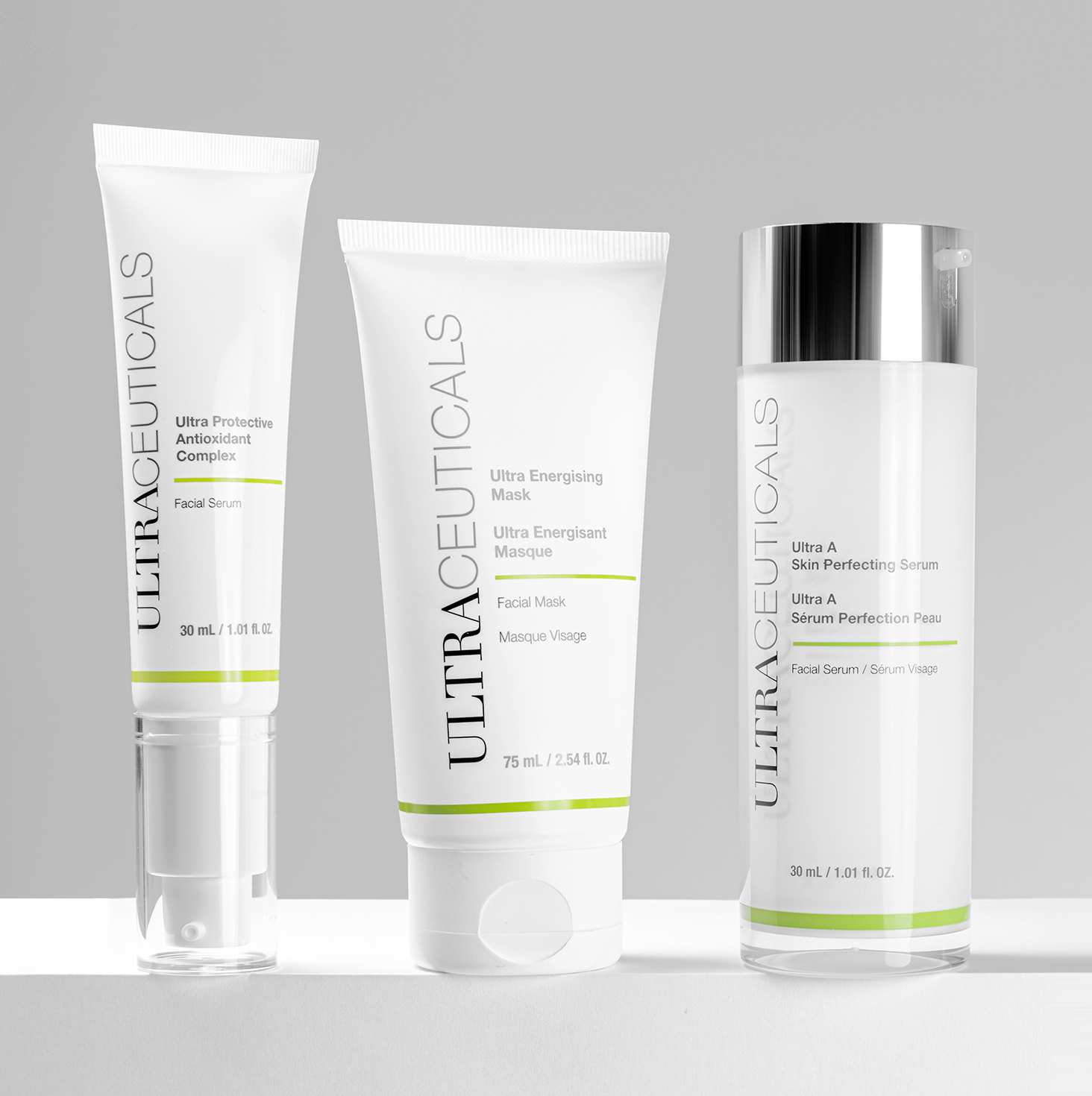 Three Ultraceuticals skincare essentials shine against a neutral background: a 30 ml antioxidant serum, a 75 ml energizing mask, and a 30 ml skin-perfecting serum. | Josephine's Salons and Spas
